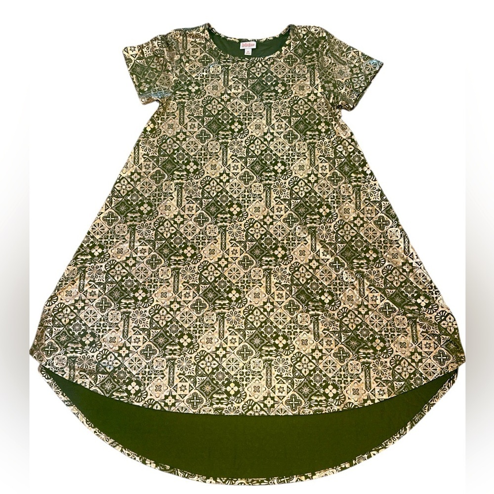 Lularoe Swing Dress Size Medium Green Cream Gold Metallic Shimmer Round Neckline
